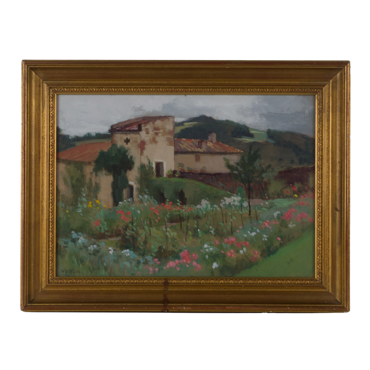 Painting of a southern house in a flower field by Emile Wegelin (1875-1962)