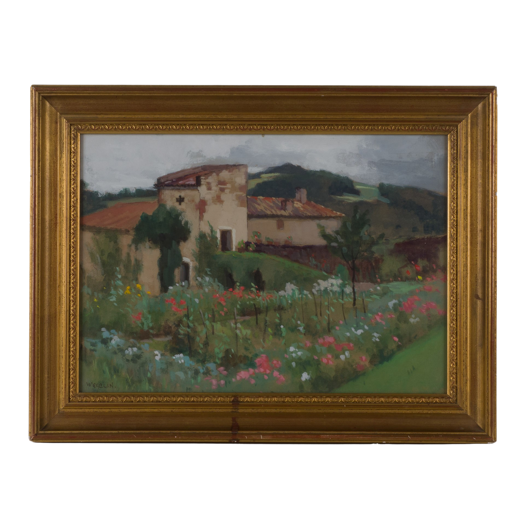Schilderij zuiderse woning in bloemenveld door Emile Wegelin (1875-1962)