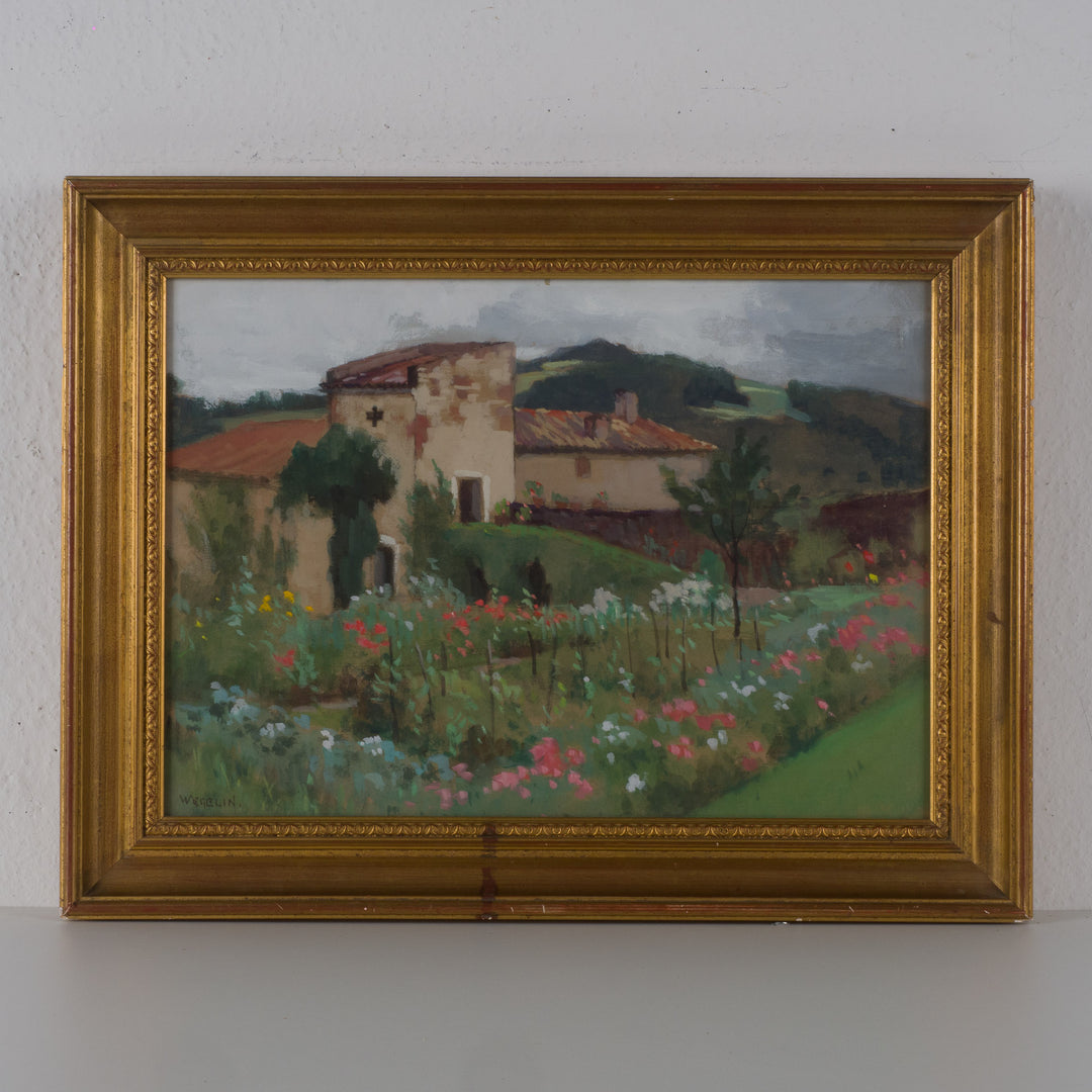 Schilderij zuiderse woning in bloemenveld door Emile Wegelin (1875-1962)