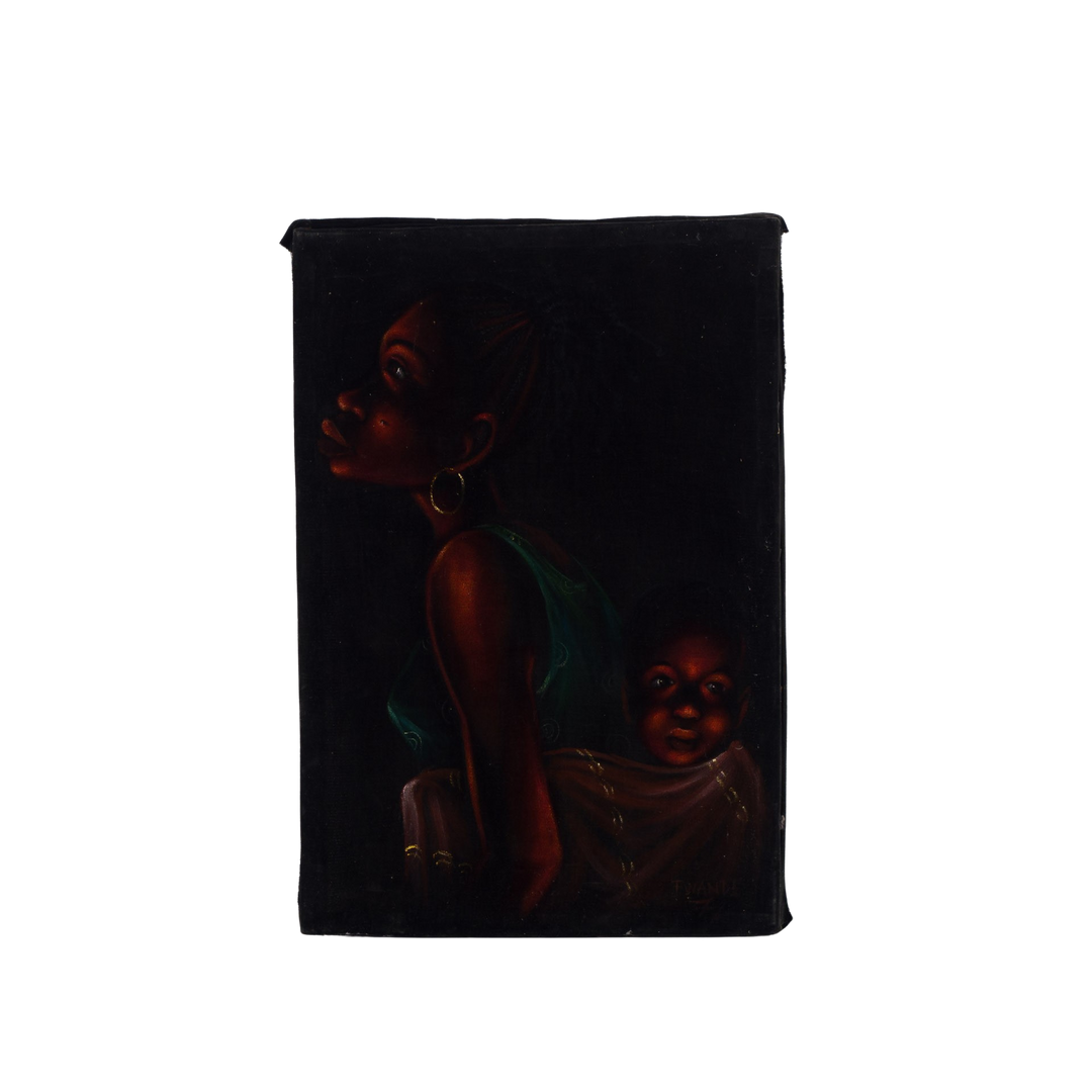 Schilderij van een zwarte vrouw met een kind op de rug