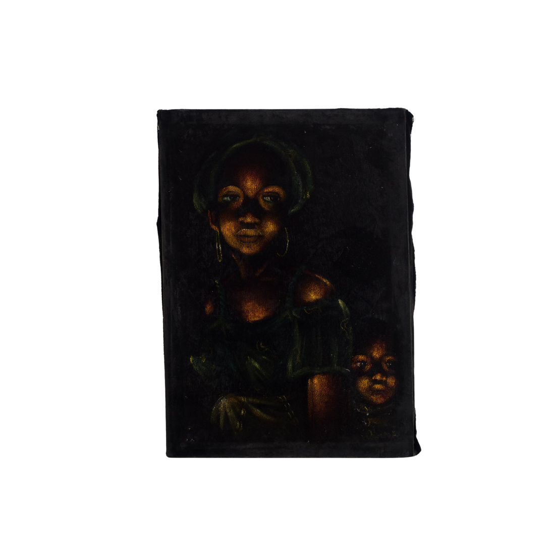 Schilderij van een zwarte vrouw met kind op de rug (3)