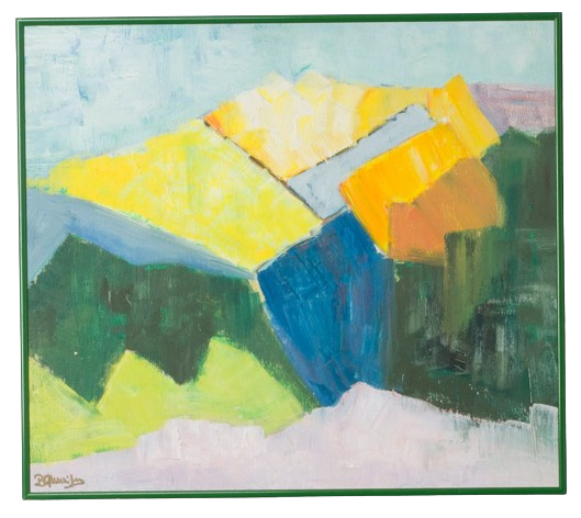 Abstract painting in green, yellow and blue.