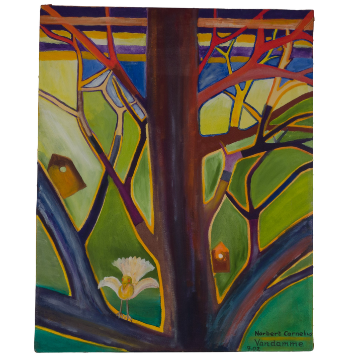 Colorful painting with branches, bird and bird box by Norbert Vandamme