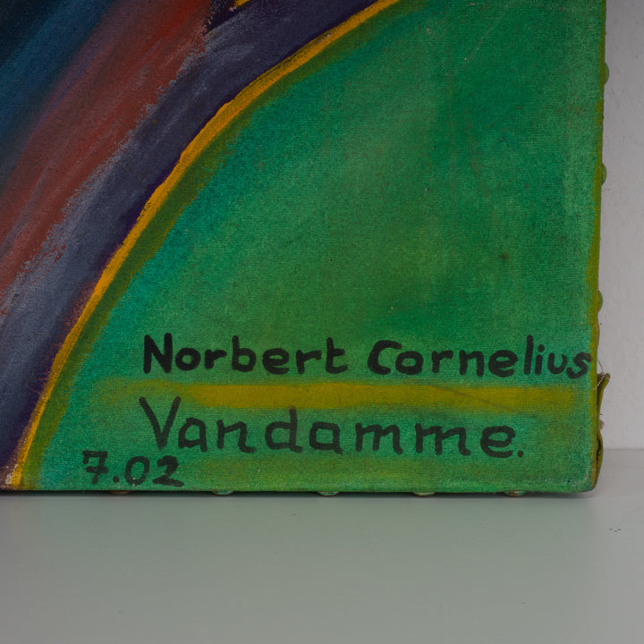 Kleurrijk schilderij met takken, vogel en vogelkastje door Norbert Vandamme