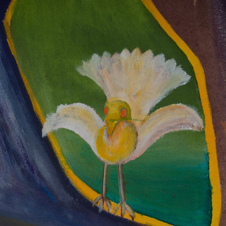 Kleurrijk schilderij met takken, vogel en vogelkastje door Norbert Vandamme