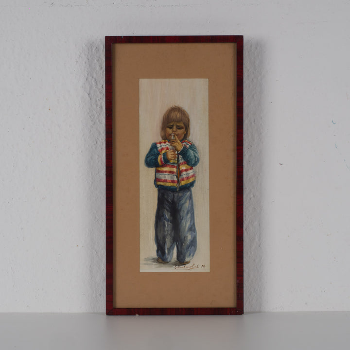 Vintage watercolor of a child blowing on a bottle - signed