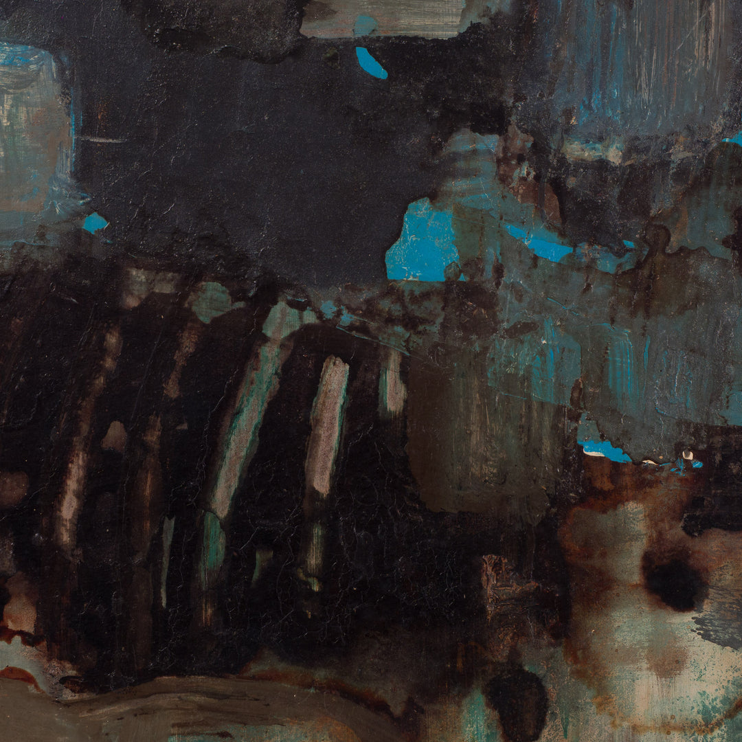 Abstract blauw schilderij door Jozef Kulesza (1930) uit 1985