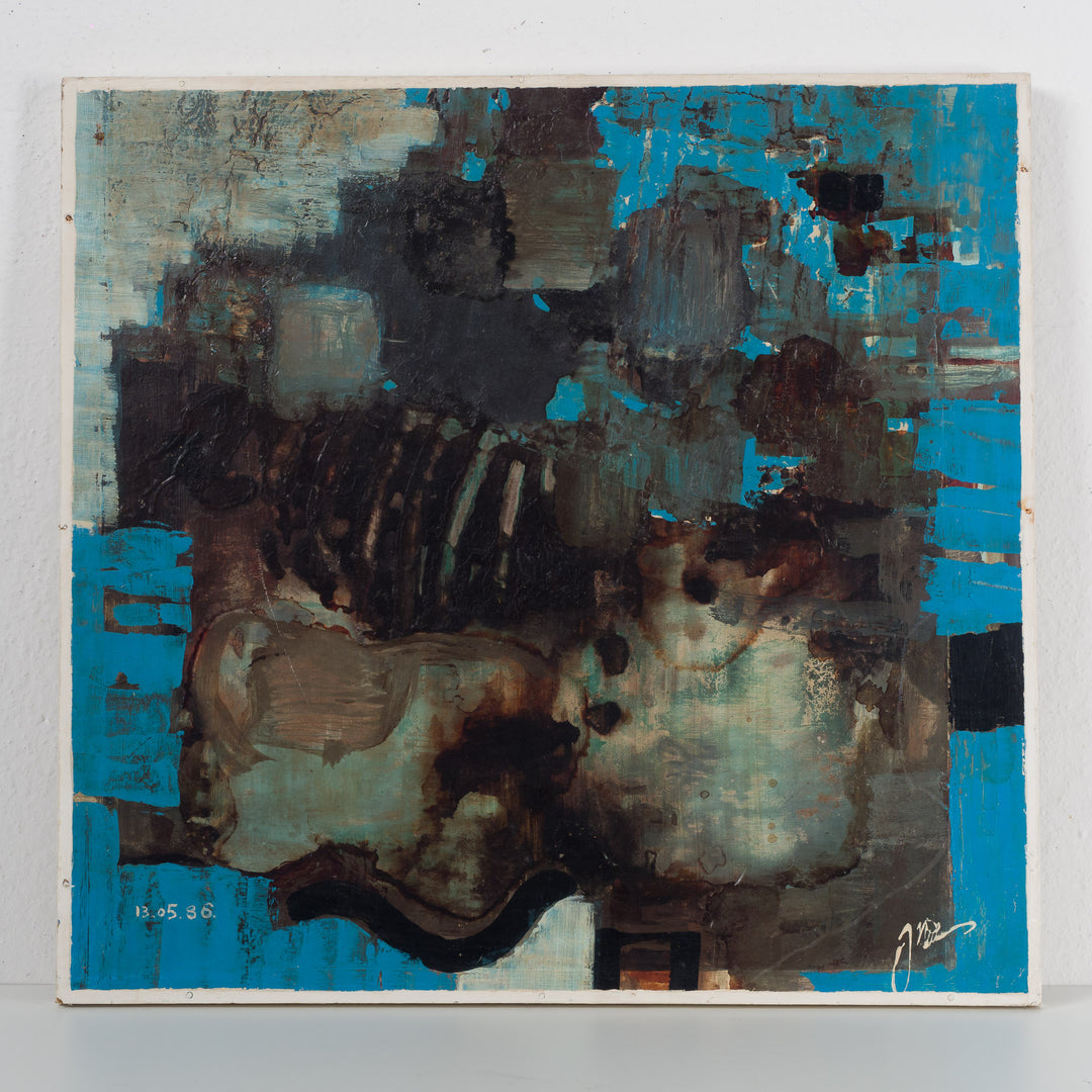 Abstract blauw schilderij door Jozef Kulesza (1930) uit 1985