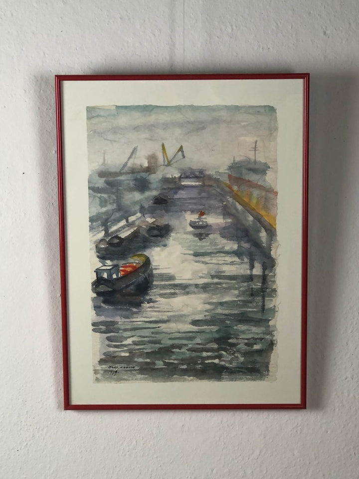 Aquarel van boten in een haven door Mary Habsch - De Tuin Der Kunsten