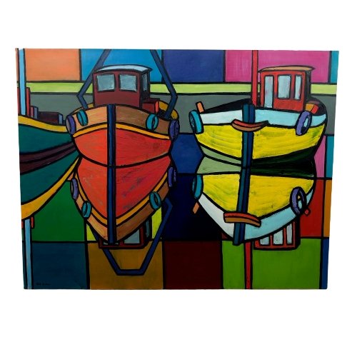 Groot kleurrijk schilderij van vissersboten door Dirk Santens - De Tuin Der Kunsten