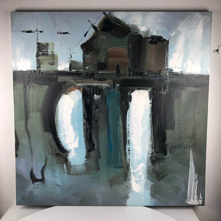 Large modern painting with house, bridge and waterfalls