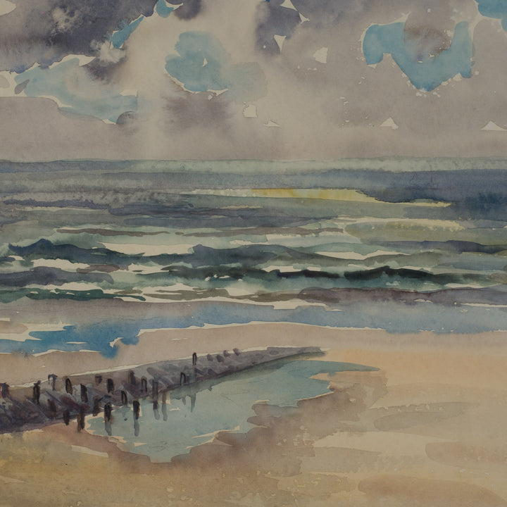 Mooie aquarel van zee en strand, gesigneerd: N. Depondt