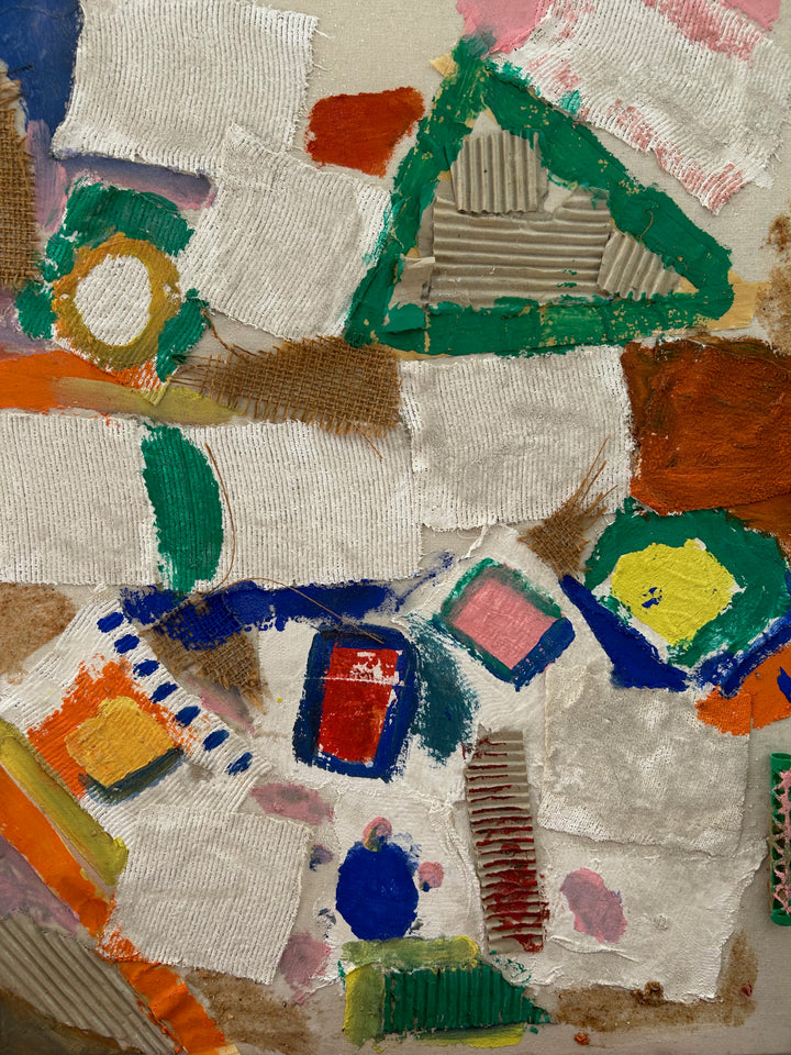 Abstracte Mixed Media Collage – Kleurrijk Textuurkunstwerk met Unieke Materialen - 64,5 x 50 x 3 cm