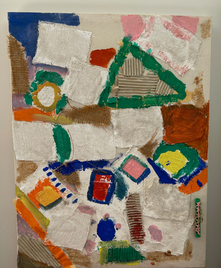 Abstracte Mixed Media Collage – Kleurrijk Textuurkunstwerk met Unieke Materialen - 64,5 x 50 x 3 cm