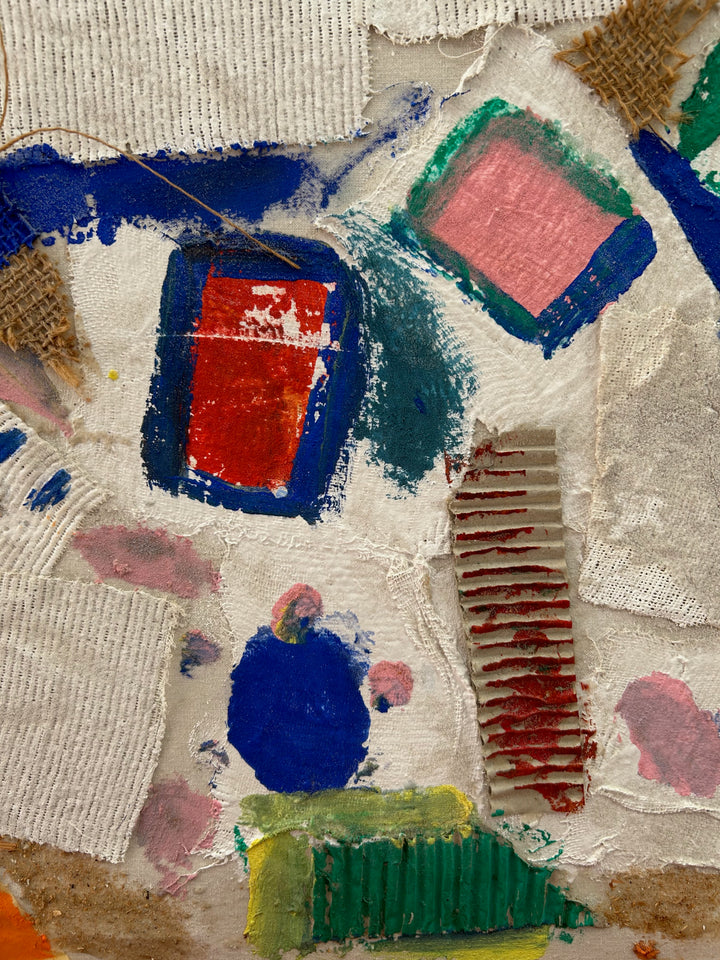 Abstracte Mixed Media Collage – Kleurrijk Textuurkunstwerk met Unieke Materialen - 64,5 x 50 x 3 cm