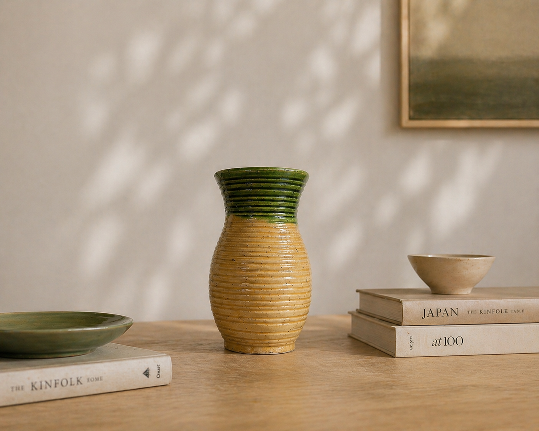 Keramische geglazuurde vaas groen/geel – 11,5x11,5x21 cm