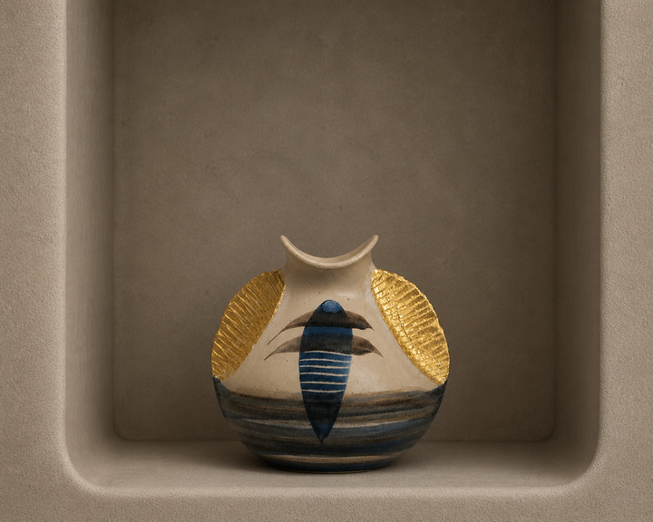 Special modern ceramic vase with wings in gold color