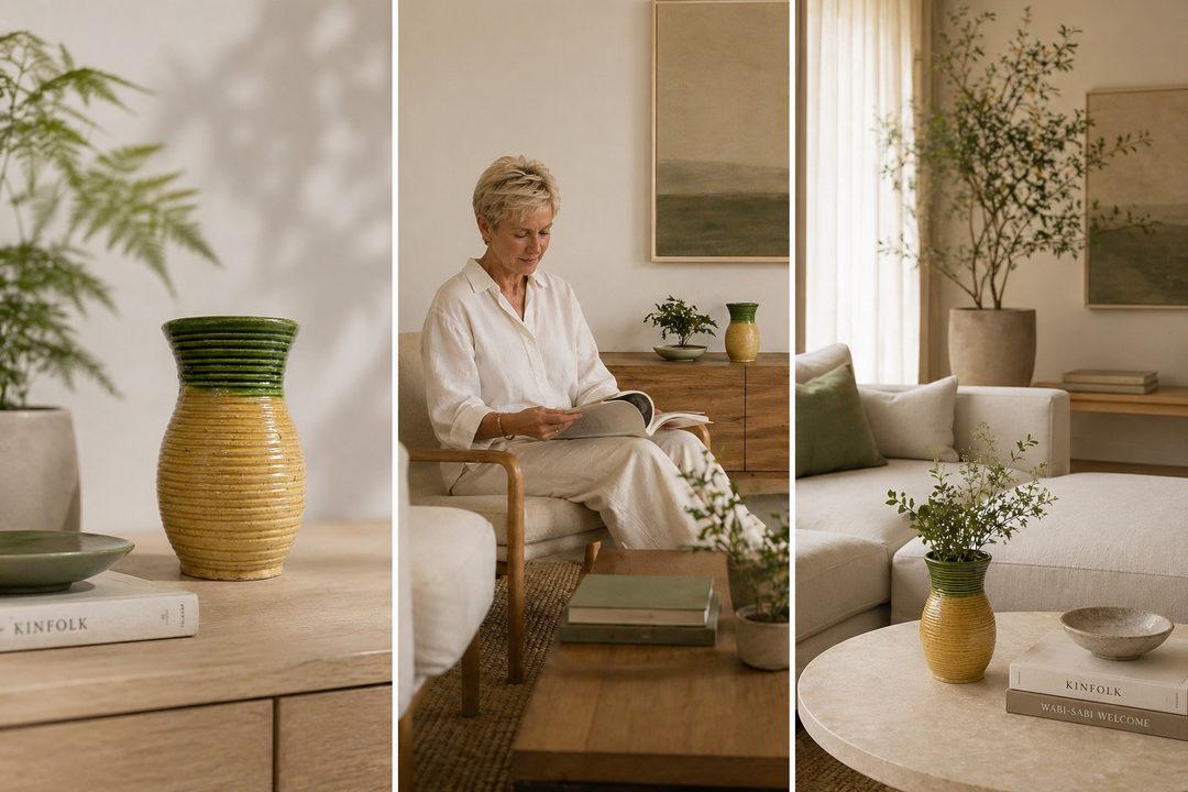 Keramische geglazuurde vaas groen/geel – 11,5x11,5x21 cm