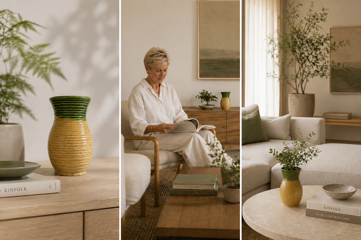 Keramische geglazuurde vaas groen/geel – 11,5x11,5x21 cm