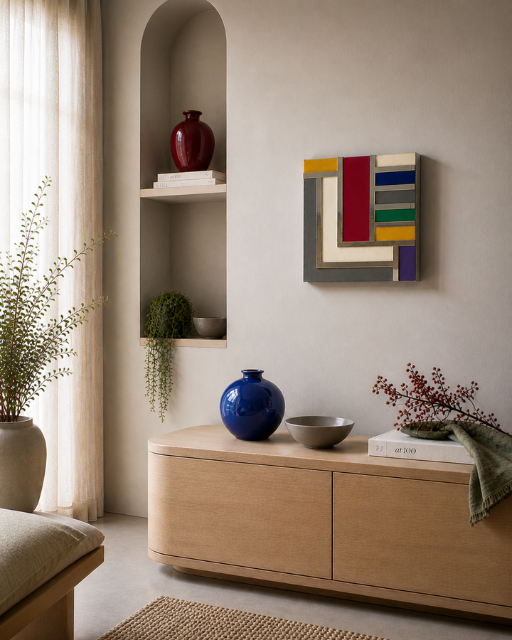 Geometrisch Ritme in Kleur – Vintage Houten Kunstwerk met Spiegelaccenten (36x36 cm)
