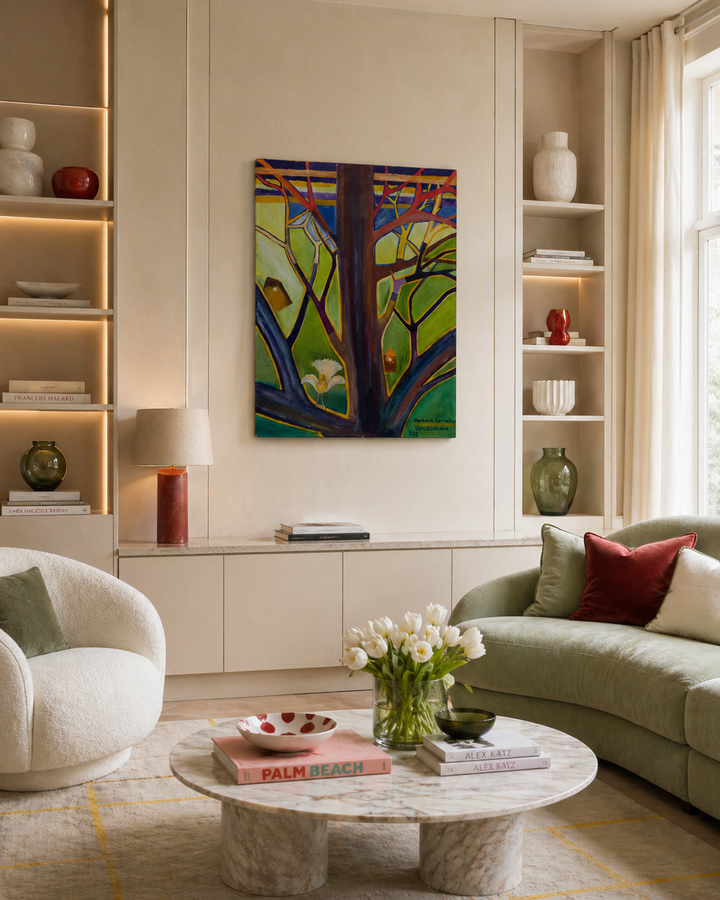 Schilderij met Kleurrijke boom met vogel & vogelkastje – Norbert Vandamme