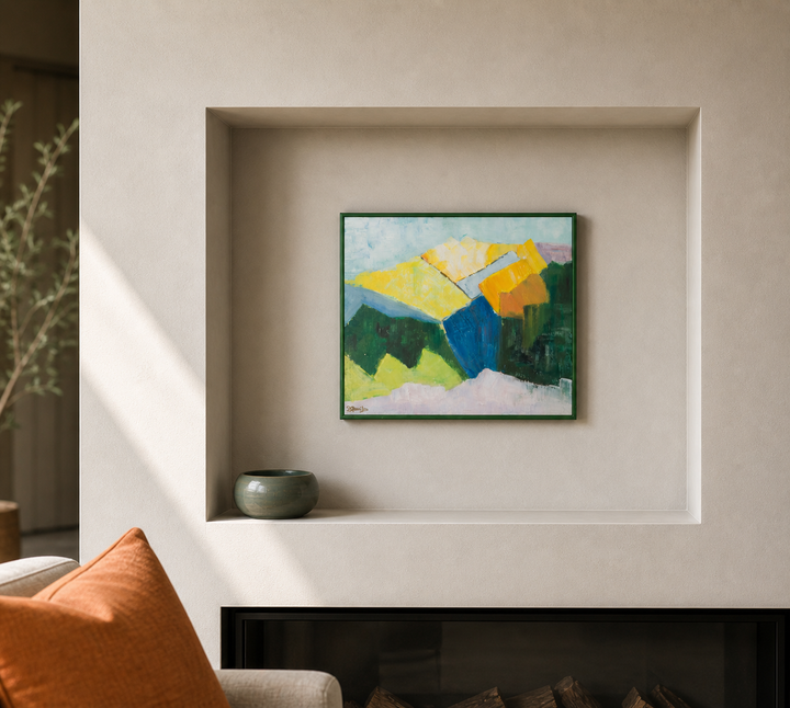 Abstract schilderij in groen, geel en blauw – 53 x 47 cm
