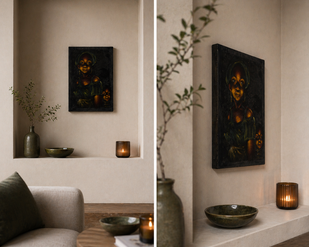 Schilderij van een zwarte vrouw met kind op de rug (3)