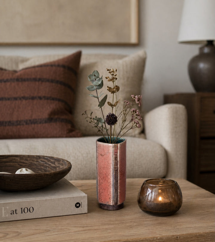 Handmade salmon colored crackle ceramic vase – unique and stylish
