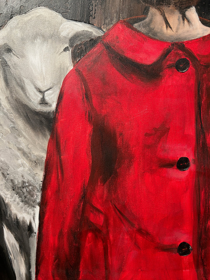 Atelier S – La Fille au Manteau Rouge | Meisje tussen de Schapen – Schilderij 60 x 80 x 4 cm