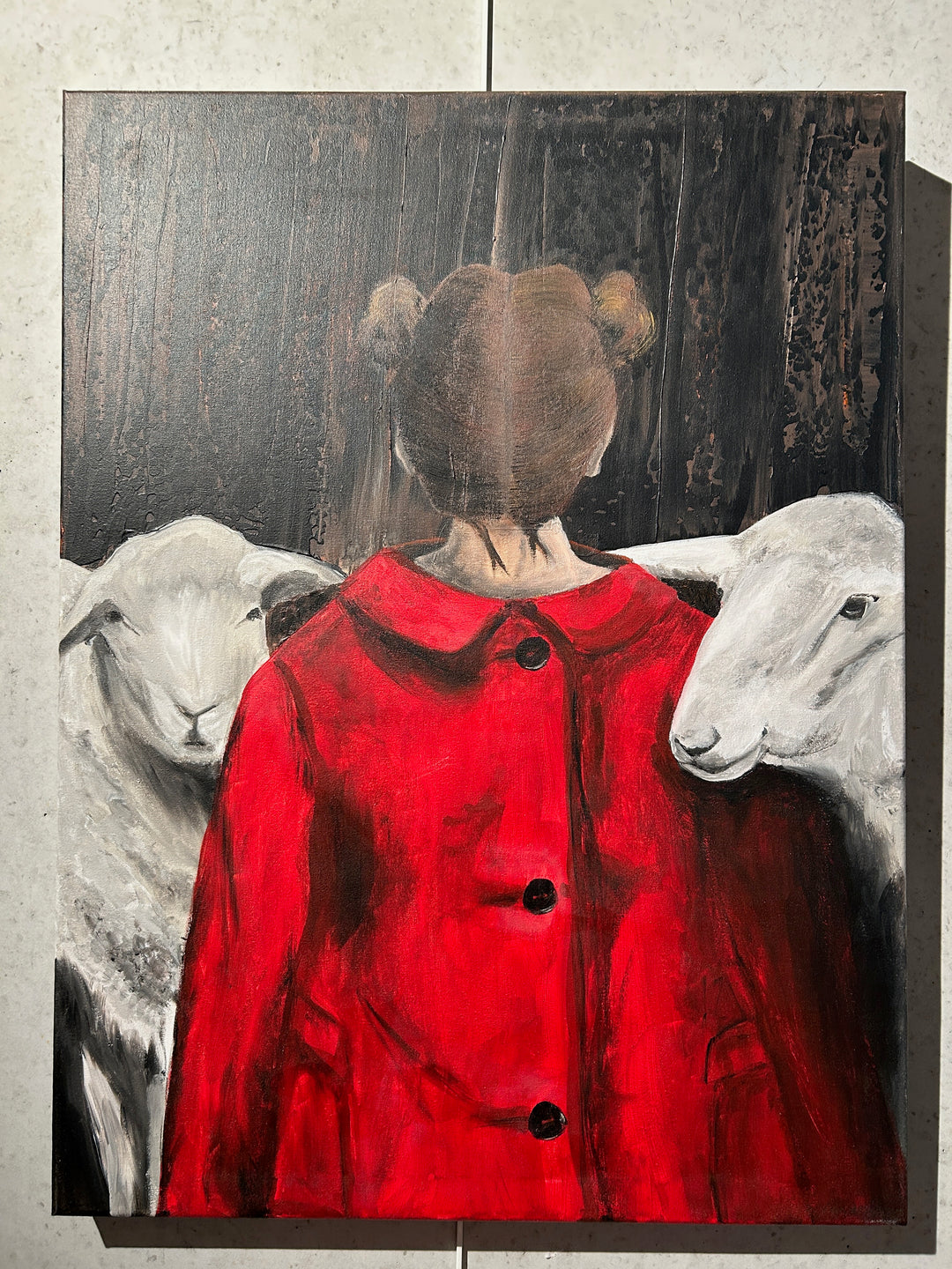 Atelier S – La Fille au Manteau Rouge | Meisje tussen de Schapen – Schilderij 60 x 80 x 4 cm