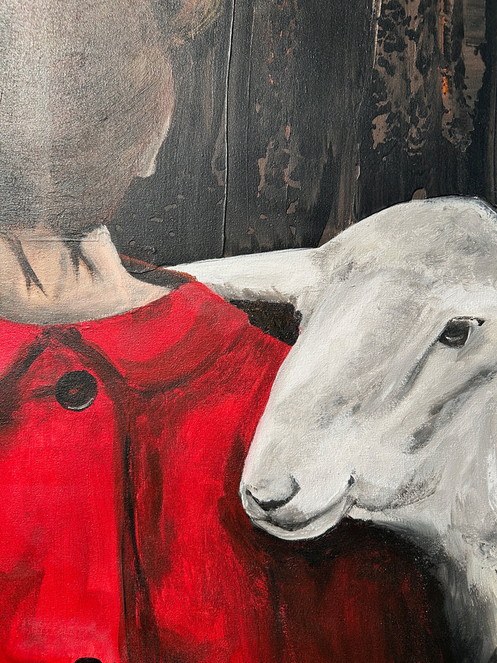 Atelier S – La Fille au Manteau Rouge | Meisje tussen de Schapen – Schilderij 60 x 80 x 4 cm