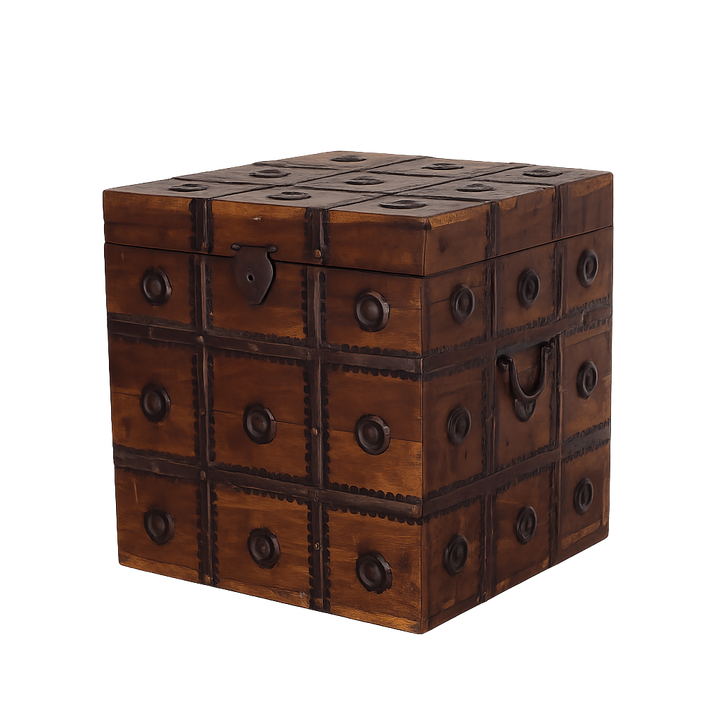 Koloniale Shisham Houten Kist 36x34x36 cm – Authentieke Opbergkist met Metalen Beslag