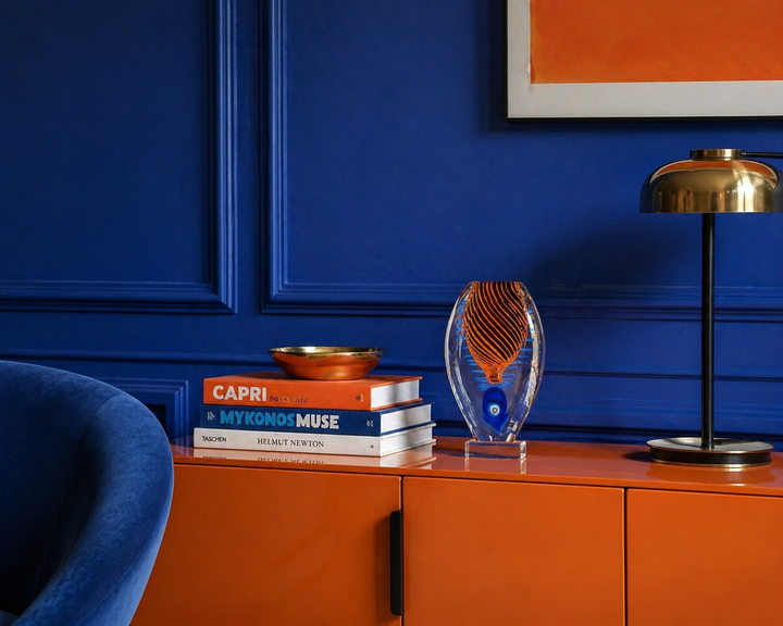 Modern Studio Art Glass Vase in Orange and Blue