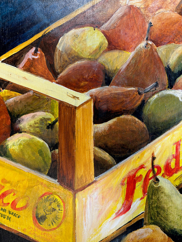 Kristien Berings – Stilleven met peren in kist – 1997 – 50 x 57 x 1 cm