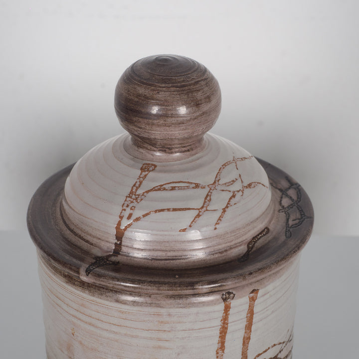 Ceramic pot with lid by Bernadette Serremorizot – abstract design (1990s)