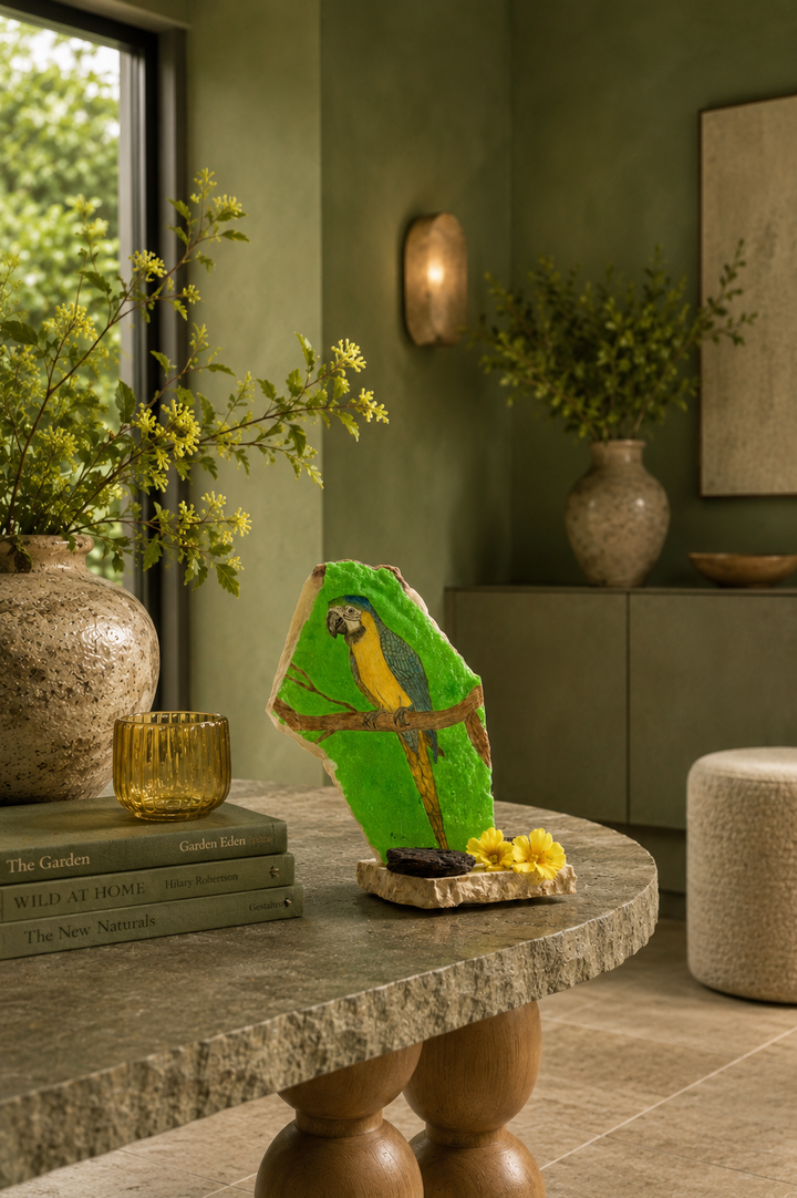 Image of a green painted parrot on alabaster