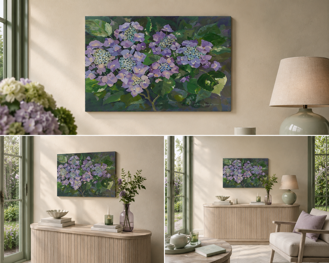 'Les Hydrangeas' door Ghislaine Deschuyteneer / 70 x 50 x 4 cm