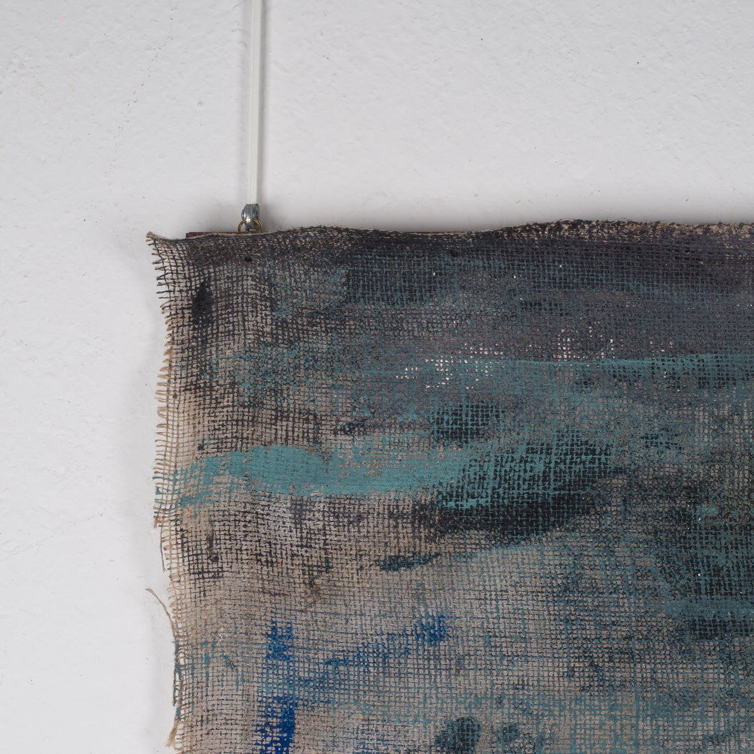 Schilderij van een iconisch figuur op jute – Heidi Schoefs – 117x110 cm