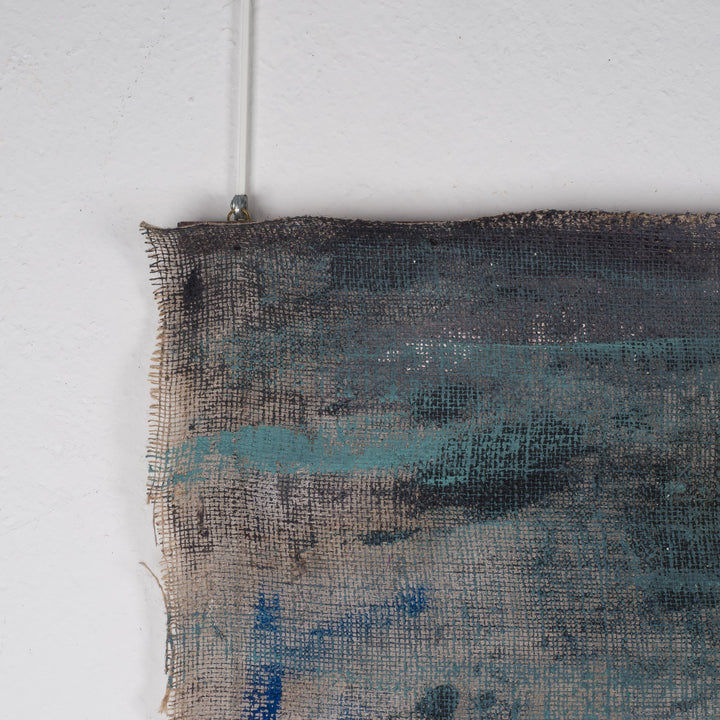 Schilderij van een iconisch figuur op jute – Heidi Schoefs – 117x110 cm