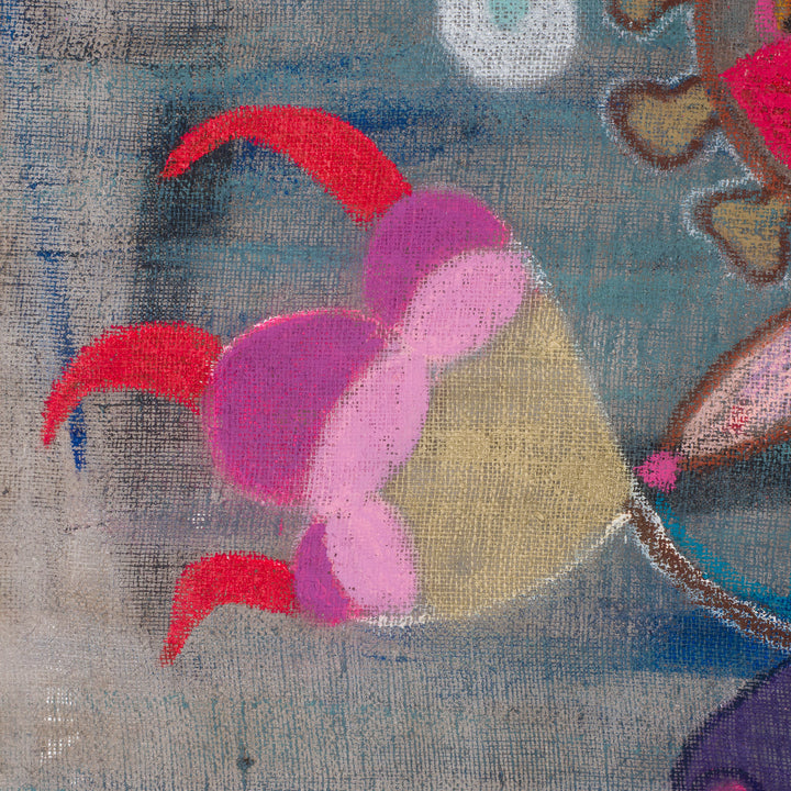 Schilderij van een iconisch figuur op jute – Heidi Schoefs – 117x110 cm