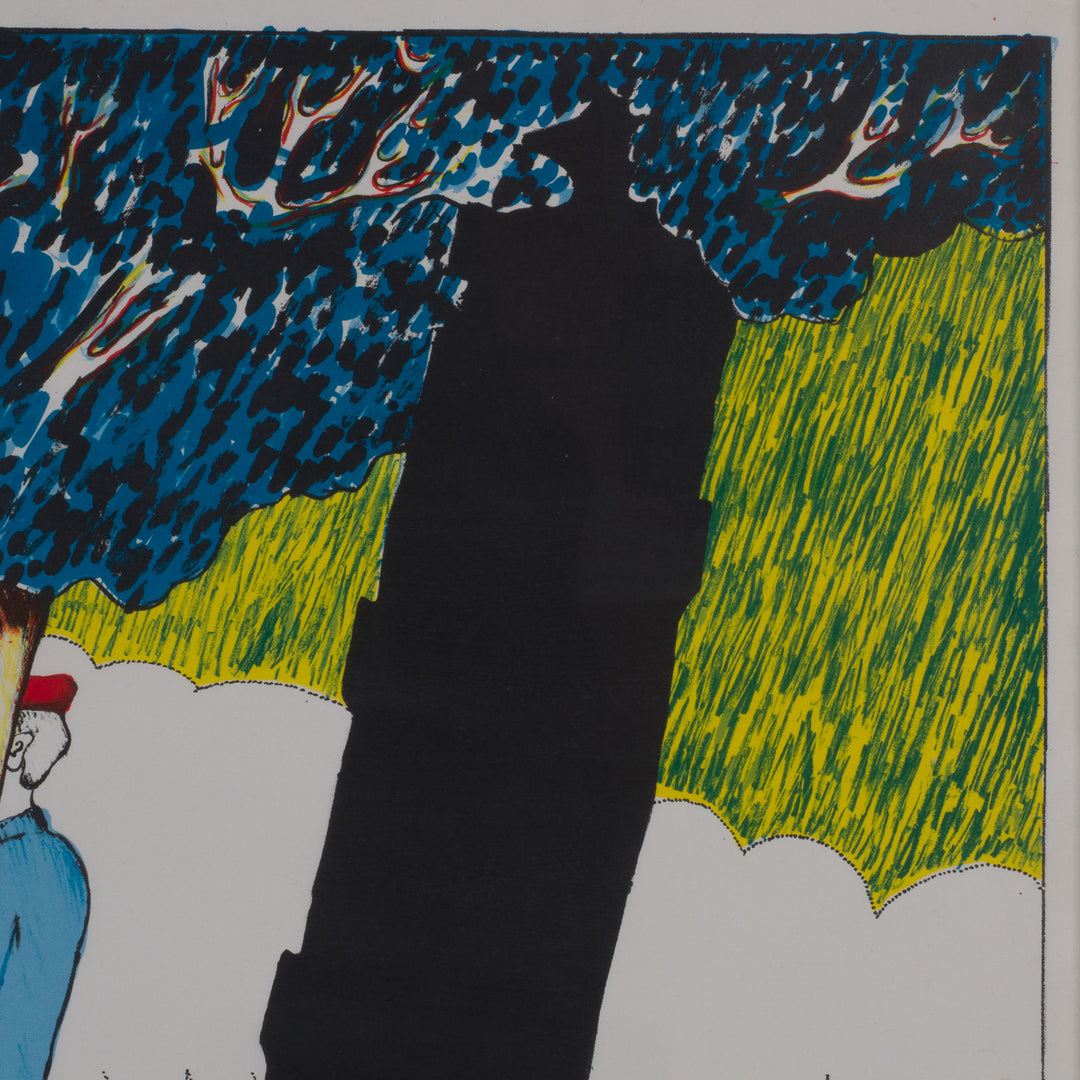 Colorful lithograph with figures behind trees by Hannes Postma – "Code 3x2"