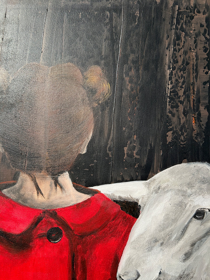 Atelier S – La Fille au Manteau Rouge | Meisje tussen de Schapen – Schilderij 60 x 80 x 4 cm