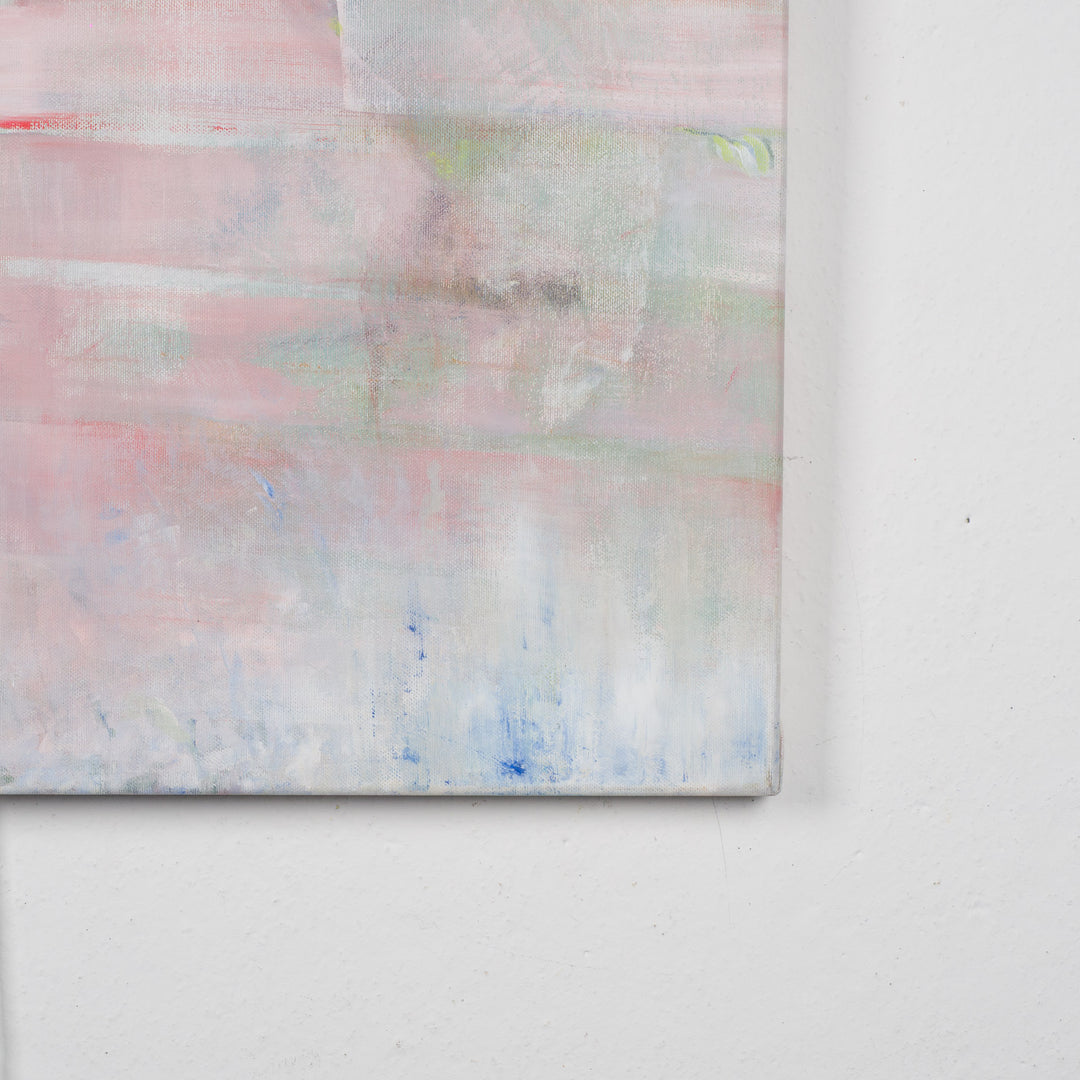 Schilderij van Rita Pollet – man kijkend door het raam in zachte pasteltinten