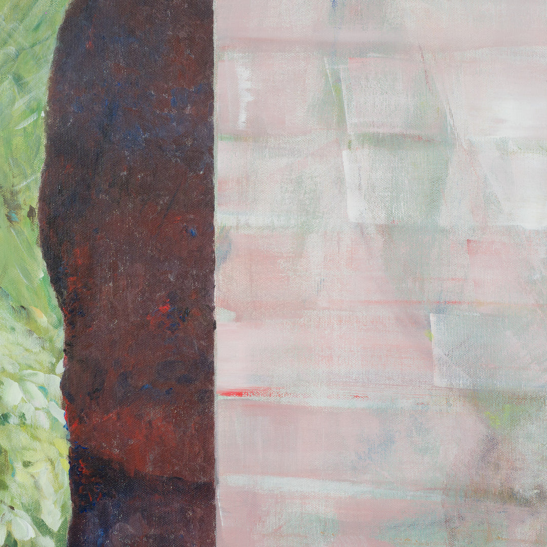 Schilderij van Rita Pollet – man kijkend door het raam in zachte pasteltinten