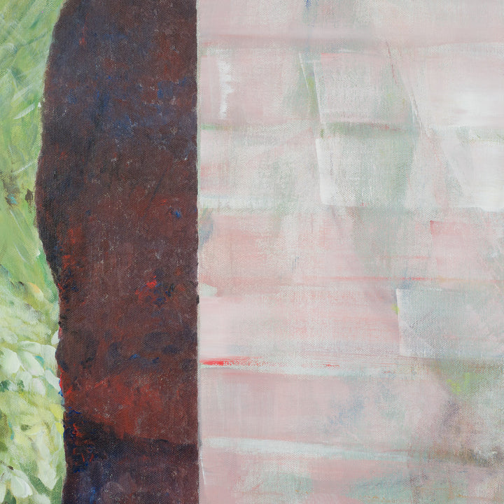 Schilderij van Rita Pollet – man kijkend door het raam in zachte pasteltinten