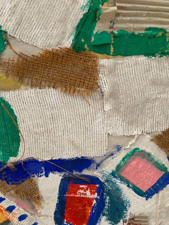 Abstracte Mixed Media Collage – Kleurrijk Textuurkunstwerk met Unieke Materialen - 64,5 x 50 x 3 cm