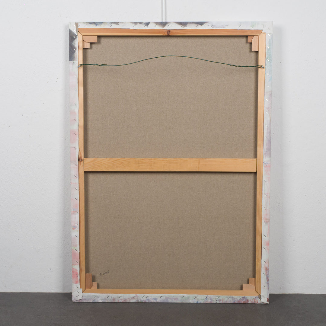 Schilderij van Rita Pollet – man kijkend door het raam in zachte pasteltinten