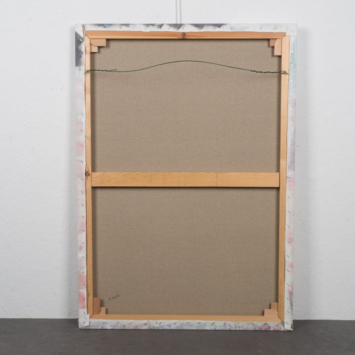 Schilderij van Rita Pollet – man kijkend door het raam in zachte pasteltinten