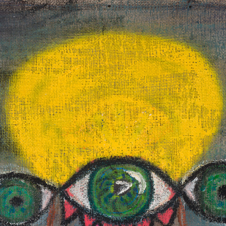 Schilderij van een iconisch figuur op jute – Heidi Schoefs – 117x110 cm