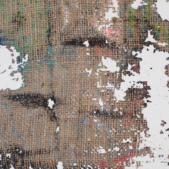 Schilderij van een iconisch figuur op jute – Heidi Schoefs – 117x110 cm